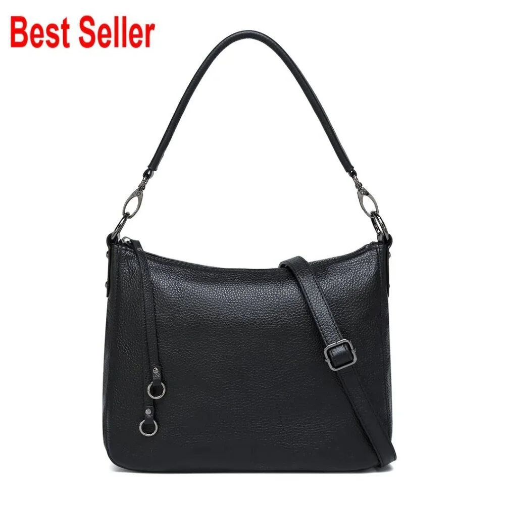 Genuine Leather Hobo Shoulder Bag with Crossbody Strap